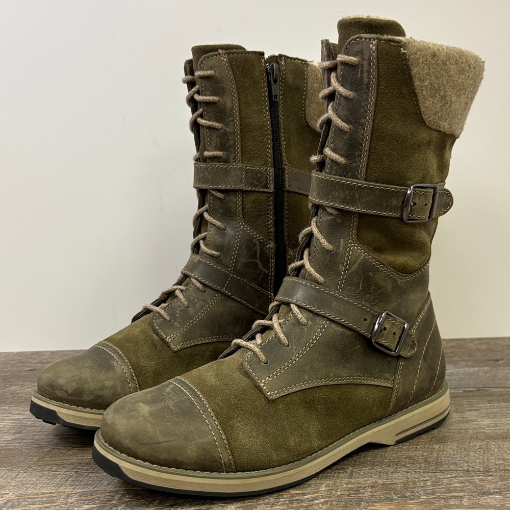 L.L. Bean Park Ridge Tall Leather Wool Trimmed Boots in Antique Olive Size 8.5
